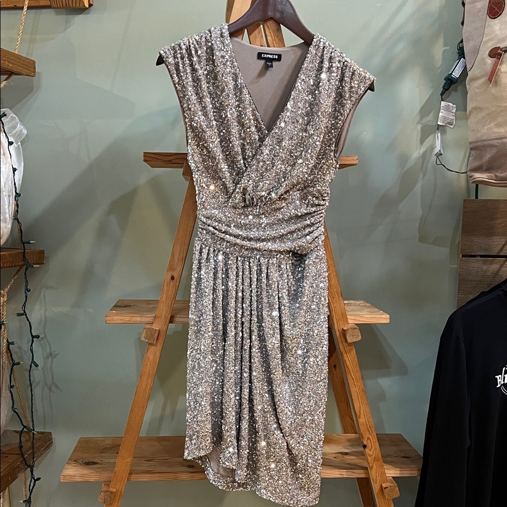 Express Silver Sequin Asymmetrical Dress